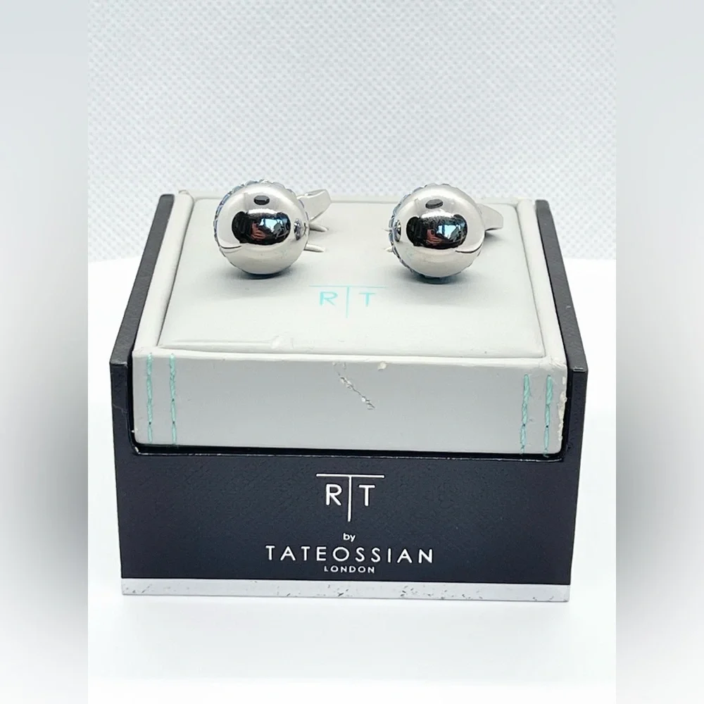 R|T by Robert Tateossian London Swarovski Blue Crystal Cufflinks Rhodium w Box